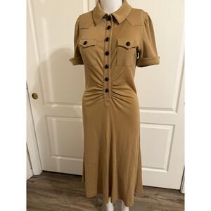 DIANE von FURSTENBERG Camel Utility Shirtdress Button Front Ruched Midi Size 8